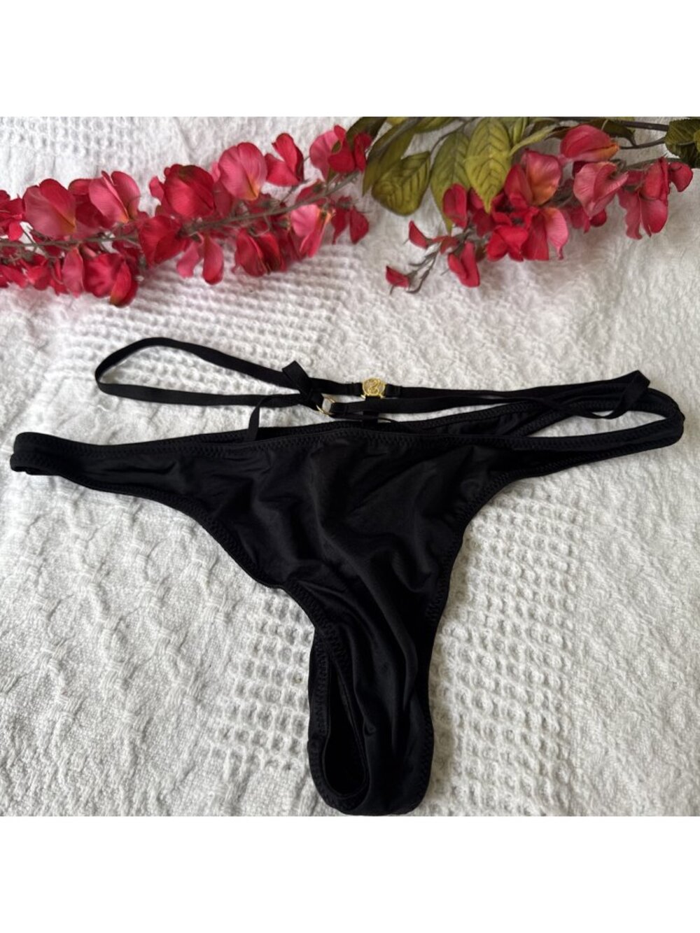 VICTORIA'S SECRET M VERY SEXY BLACK SILKY GOLD CHARM STRAPPY THONG PANTIES NWT